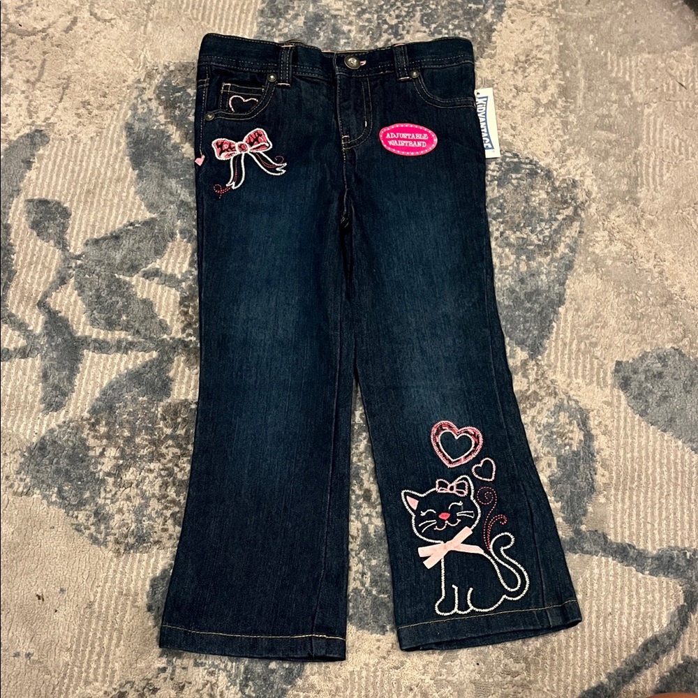 Toughskins Dark Blue Jeans with Cat and Heart Embroidery